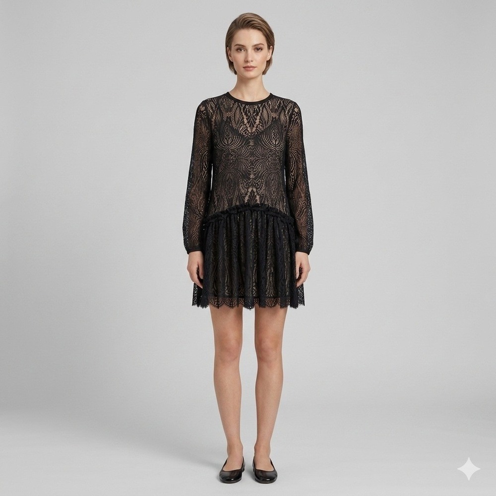 Love Johnny Was Black Rai Lace Damask Drop Waist Mini Dress Long Sleeve Sz Small